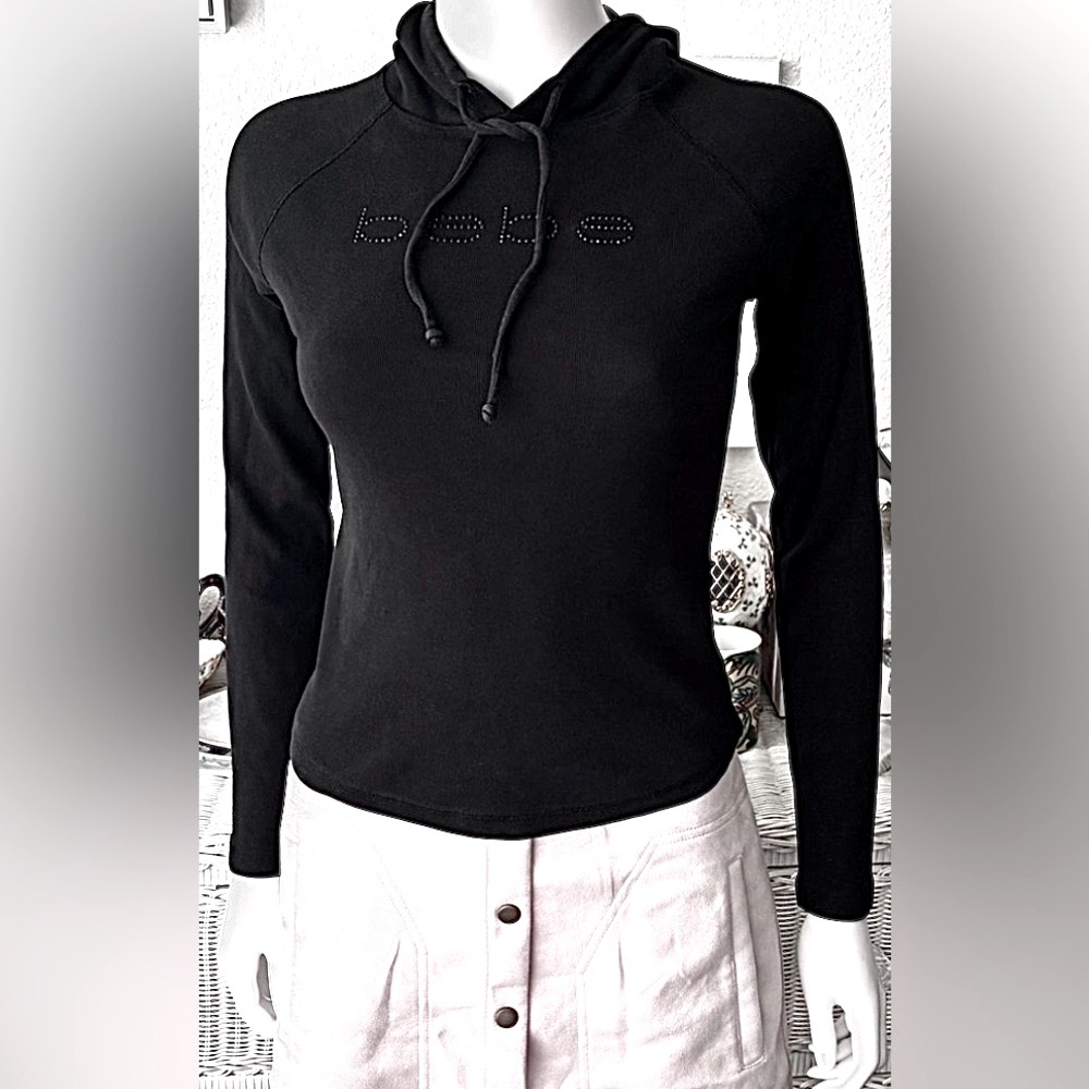Vintage Bebe Y2K Pullover Top Hooded Knit with Black Rhinestone Insignia Size XS